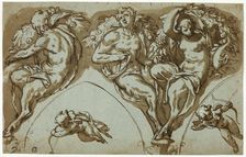 Study for Spandrel Decoration with Satyress, Satyrs, and Putti (r); Head of Putto (v), c.1588. Creator: Paolo Farinati