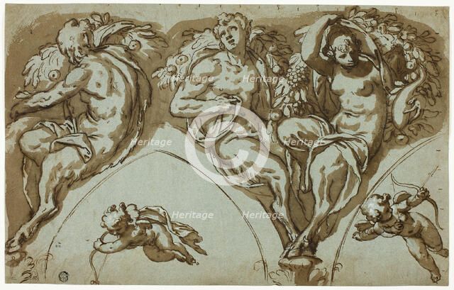 Study for Spandrel Decoration with Satyress, Satyrs, and Putti (r); Head of Putto (v), c.1588. Creator: Paolo Farinati.