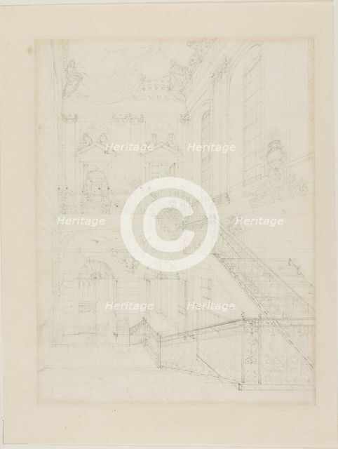 Study for The Hall and Staircase, British Museum, from Microcosm of London, c. 1808. Creator: Augustus Charles Pugin.