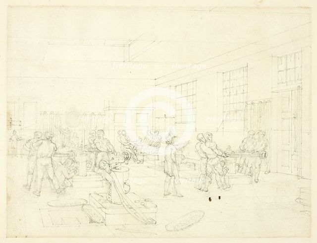 Study for The Mint, from Microcosm of London (recto); Sketch of Courtyard (verso), c. 1809. Creator: Augustus Charles Pugin.