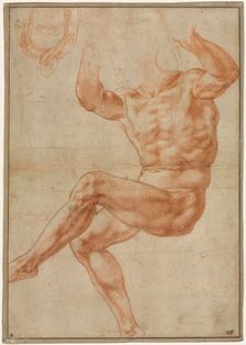 Study for the Nude Youth over the Prophet Daniel (recto), 1510-1511. Creator: Michelangelo Buonarroti (Italian, 1475-1564)