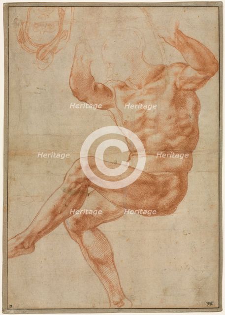 Study for the Nude Youth over the Prophet Daniel (recto), 1510-1511. Creator: Michelangelo Buonarroti (Italian, 1475-1564).