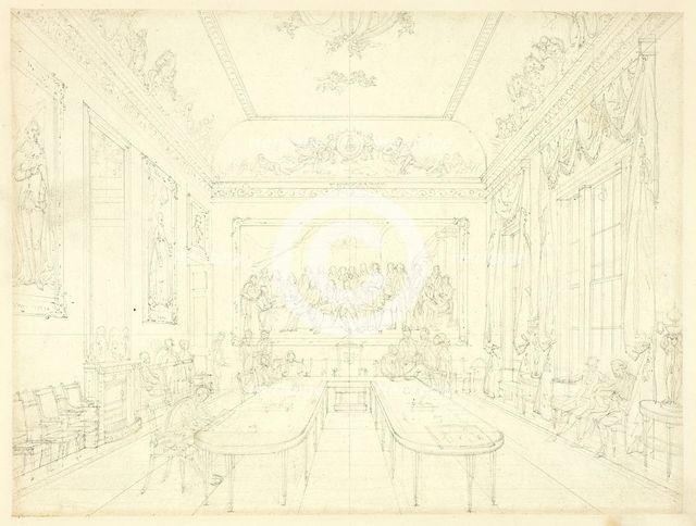 Study for Trinity House, from Microcosm of London (recto); Architectural Sketch of Row House..., c.  Creator: Augustus Charles Pugin.