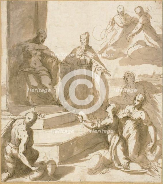 Study for Venice Receiving Homage and Gifts from Brescia, Udine, Padua, and..., c.1593. Creator: Jacopo Palma.