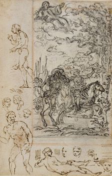 Study for Vignette in Voltaire's "La Pucelle d'Orleans", with Sketches of Heads and Nud..., c. 1762. Creator: Hubert Francois Gravelot
