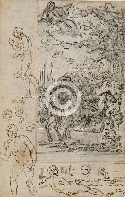 Study for Vignette in Voltaire's "La Pucelle d'Orleans", with Sketches of Heads and Nud..., c. 1762. Creator: Hubert Francois Gravelot.