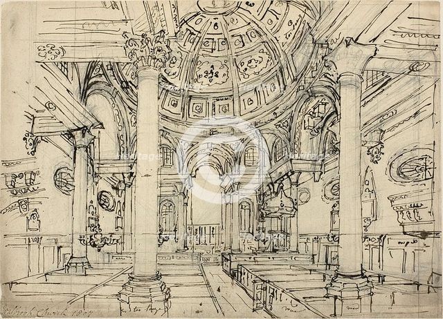 Study for Walbrook Church (recto); Sketches of Sailboats, Men and Dinghies (verso), 1807. Creator: Augustus Charles Pugin.
