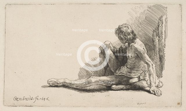 Study from the Nude: Man Seated on Ground, with One Leg Extended, 1646. Creator: Rembrandt Harmensz van Rijn.