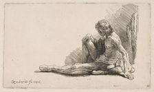 Study from the Nude: Man Seated on Ground, with One Leg Extended, 1646. Creator: Rembrandt Harmensz van Rijn