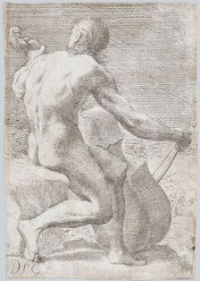 Study from behind of a naked man playing a cello, from the Principios para estudiar e..., ca. 1693. Creator: José García Hidalgo