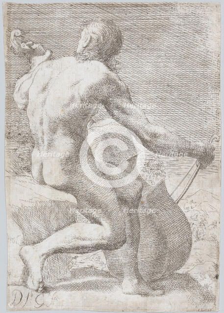 Study from behind of a naked man playing a cello, from the 'Principios para estudiar e..., ca. 1693. Creator: José García Hidalgo.