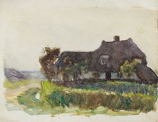 Study of a thatched cottage beside a lane, c1875-1944. Creator: George Clausen