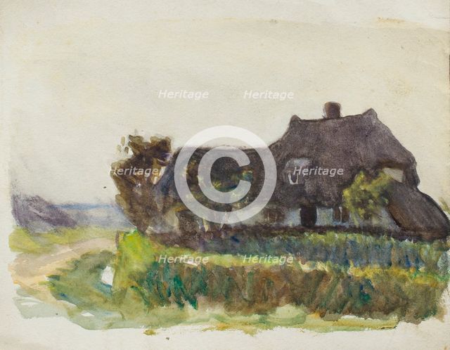 Study of a thatched cottage beside a lane, c1875-1944. Creator: George Clausen.