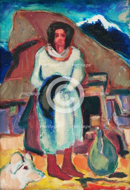 Study of a village girl in front of a cottage, 1932. Creator: Zolo Palugyay.