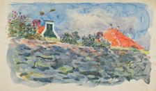Study of a wall with roofs of houses beyond, c1883. Creator: George Clausen