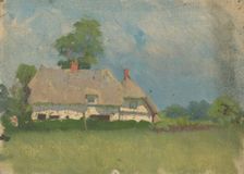 Study of a white thatched cottage in a landscape, probably 1920s. Creator: George Clausen