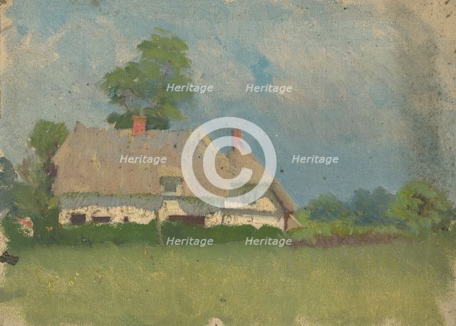 Study of a white thatched cottage in a landscape, probably 1920s. Creator: George Clausen.