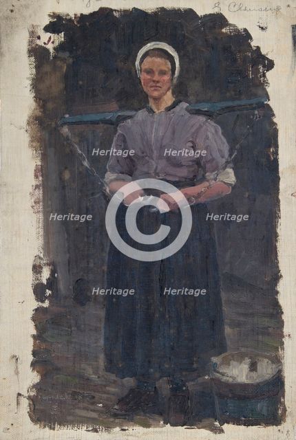 Study of a woman carrying a yoke across her shoulders, Papendrecht, Holland; Papendrecht, 1874, 1874 Creator: George Clausen.