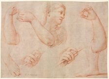 Study of a Young Woman Playing a Tambourine, and Studies of an Arm, Hands, and Feet..., c. 1711. Creator: Marcantonio Franceschini (Italian, 1648-1729)