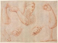 Study of a Young Woman Playing a Tambourine, and Studies of an Arm, Hands, and Feet..., c. 1711. Creator: Marcantonio Franceschini (Italian, 1648-1729)