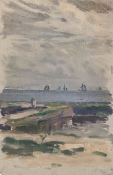 Study of a beach with a view out to sea and sailing boats, (Holland), mid-late 1870s. Creator: George Clausen