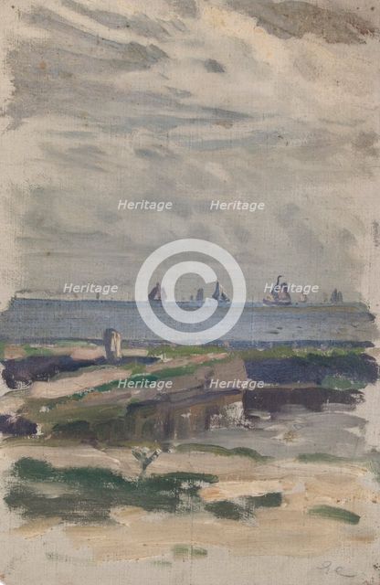 Study of a beach with a view out to sea and sailing boats, (Holland), mid-late 1870s. Creator: George Clausen.