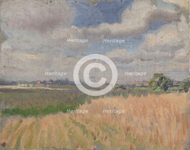 Study of a cornfield in Summer with a view of distant buildings, (late 1870s/1880s?). Creator: George Clausen.