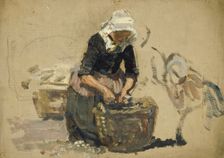 Study of a Dutch woman washing fish in a tub, (Volendam), mid-late 1870s. Creator: George Clausen