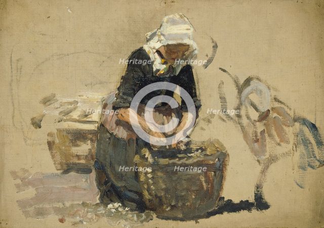 Study of a Dutch woman washing fish in a tub, (Volendam), mid-late 1870s. Creator: George Clausen.