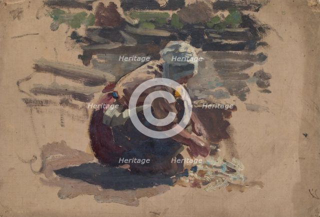 Study of a Dutch woman washing fish on a beach, mid-late 1870s. Creator: George Clausen.