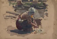 Study of a Dutch woman washing fish on a beach, mid-late 1870s. Creator: George Clausen