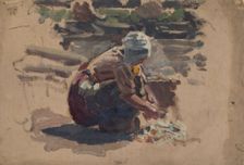 Study of a Dutch woman washing fish on a beach, mid-late 1870s. Creator: George Clausen