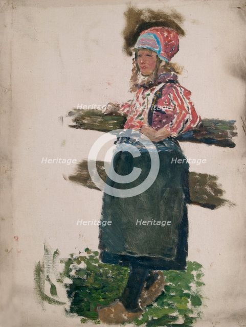 Study of a Dutch girl leaning against a fence, (Marken), mid-late 1870s. Creator: George Clausen.