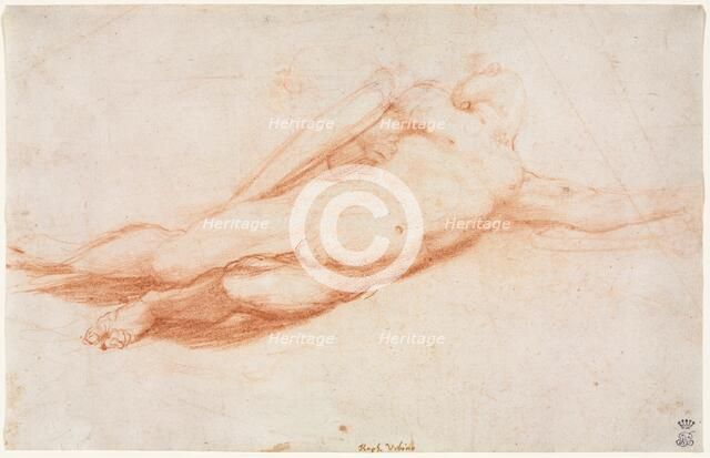 Study of a Fallen Soldier (possibly the Conversion of Saul) (recto), c. 1525. Creator: Correggio (Italian, 1489?-1534), attributed to.