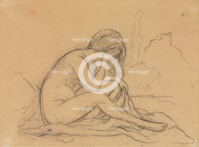 Study of a Female Nude ...(recto); Studies of Drapery and Study of a Landscape (verso), 1800s. Creator: Pierre Puvis de Chavannes (French, 1824-1898).