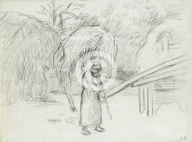 Study of a female peasant carrying a load of hay in the farmyard at Foucault, c1875. Artist: Camille Pissarro.