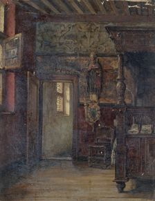 Study of a Flemish interior with a statue of a bishop, mid-late 1870s. Creator: George Clausen