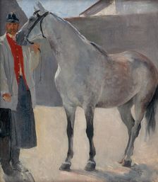 Study of a Grey Horse with a Coachman, around 1895. Creator: Jozef Hanula