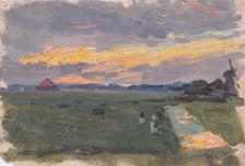 Study of a landscape at sunset with windmill, mid-late 1870s. Creator: George Clausen