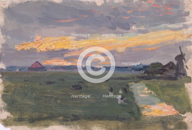 Study of a landscape at sunset with windmill, mid-late 1870s. Creator: George Clausen.