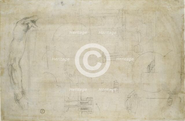Study of a Man's Arm and some architectural sketches, c1490-1560. Artist: Michelangelo Buonarroti.