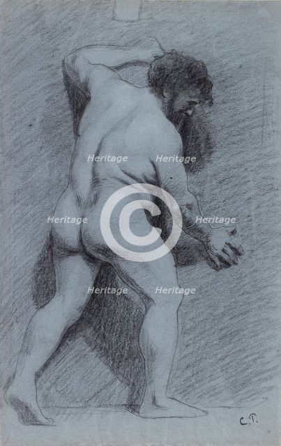 Study of a male nude posed against a wall seen in profile facing right, 1856-1860. Artist: Camille Pissarro.