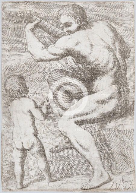 Study of a naked man playing a vihuela, a child holding a sheet of music at the left, ..., ca. 1693. Creator: José García Hidalgo.