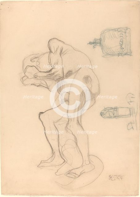 Study of a Nude Old Woman Clenching Her Fists, and Two Decorative Objects, c. 1901. Creator: Gustav Klimt.