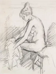 Study of a Nude Female, seated, drying her right Foot, early 20th century. Artist: Harold Gilman