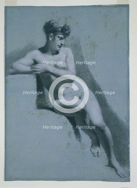 Study of a Nude Woman, Seated Looking to the Right (recto) Study of a Male Nude (verso), c1810. Creator: Pierre-Paul Prud'hon (French, 1758-1823).