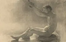 Study of a seated male nude with raised arms, 1893. Creator: Jozef Hanula