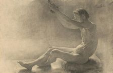 Study of a seated male nude with raised arms, 1893. Creator: Jozef Hanula