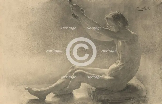 Study of a seated male nude with raised arms, 1893. Creator: Jozef Hanula.