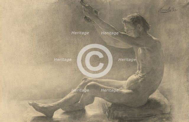 Study of a seated male nude with raised arms, 1893. Creator: Jozef Hanula.